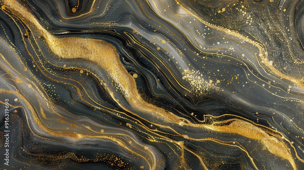Abstract black and gold swirling design showcases elegant movement with sparkles throughout, enhancing visual depth and interest Abstract black and gold swirling design showcases elegant movement with sparkles throughout, enhancing visual depth and interest