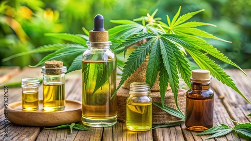 Close-up of hemp cannabis leaves and bottles of CBD oil products, hemp, cannabis, leaves, CBD oil, products