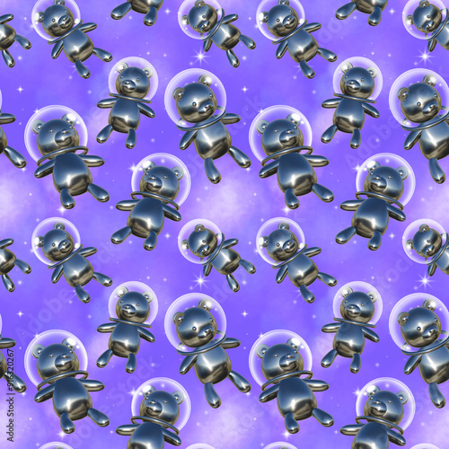 seamless pattern of bear character 3d metallic y2k chrome background repeatable cosmic wallpaper