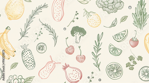 Hand-drawn fruit and vegetable pattern with pastel colors on light background