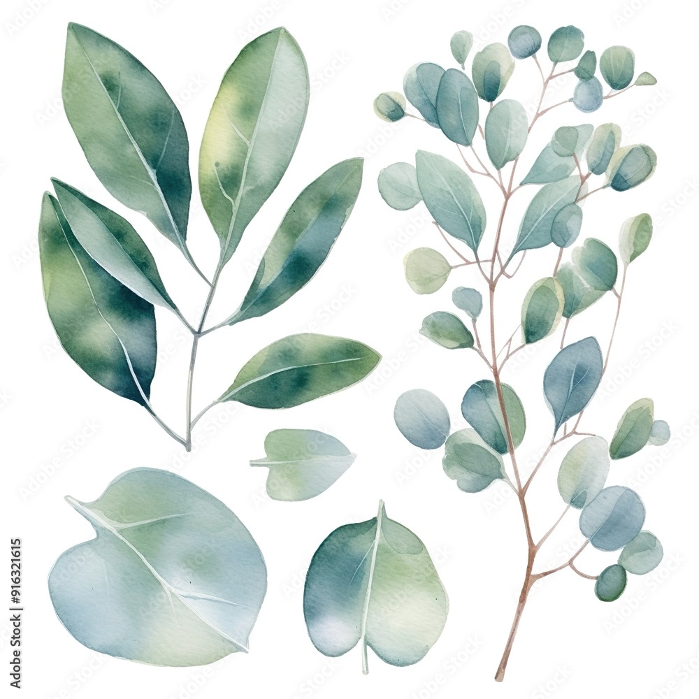 Watercolor painting of green leaves and branches isolated on white background. Watercolor painting of green leaves and branches isolated on white background.