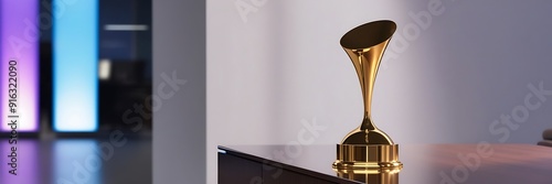 Golden trophy and streamers, business and competition concept, Gold Cup Winners The concept of winning and successful business
