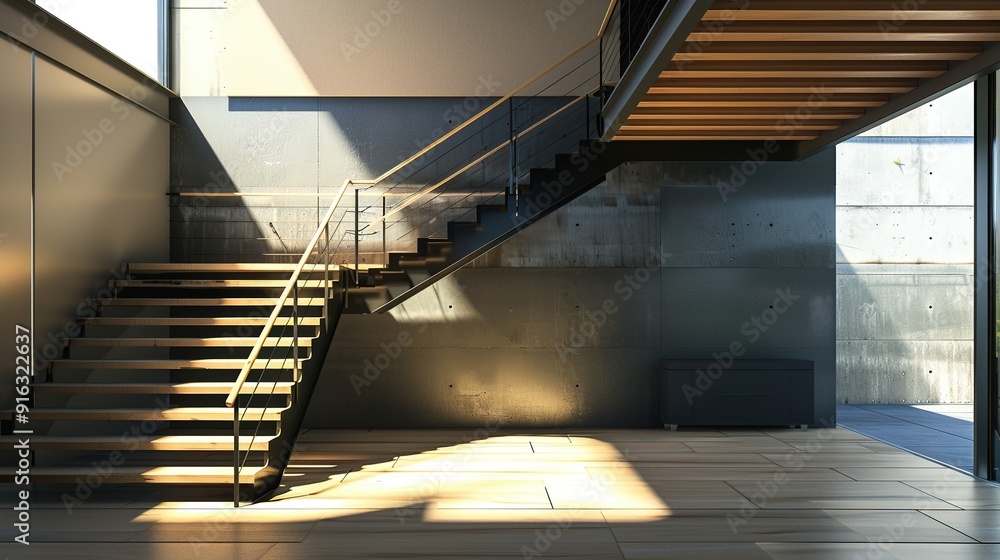 Modern Interior with Wooden Stairs and Concrete Wall Modern Interior with Wooden Stairs and Concrete Wall