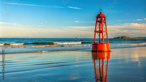 Buoy standing tall on Higgins Beach in Maine, Buoy, ocean, Maine, coastline, shore, New England, horizon, seascape photo