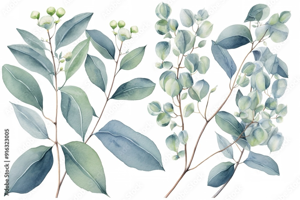 Watercolor painting of green leaves and buds. Watercolor painting of green leaves and buds.