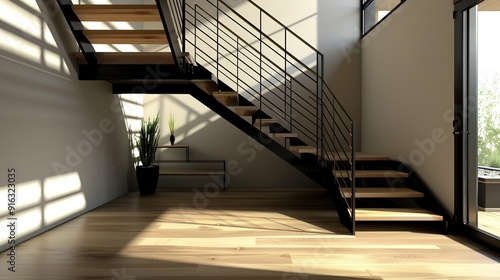 Modern Staircase with Wooden Steps and Black Railing in a Sunlit Interior