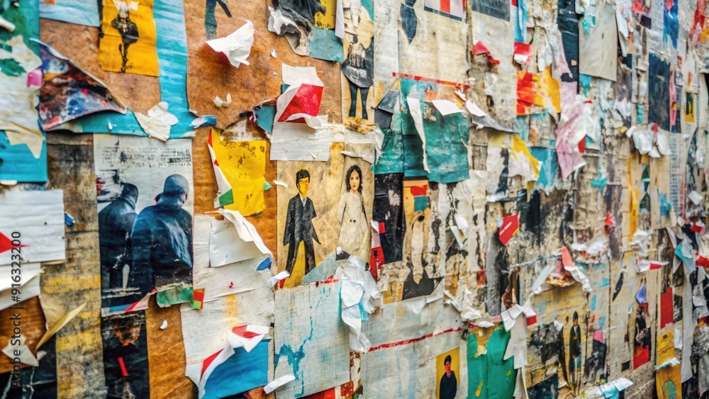 Fototapeta premium Torn street advertisement posters collage background texture with creased, crumpled, and ripped paper surfaces , torn