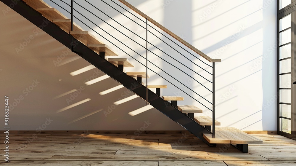 Modern Wooden Staircase with Black Railing and Sunbeams Modern Wooden Staircase with Black Railing and Sunbeams