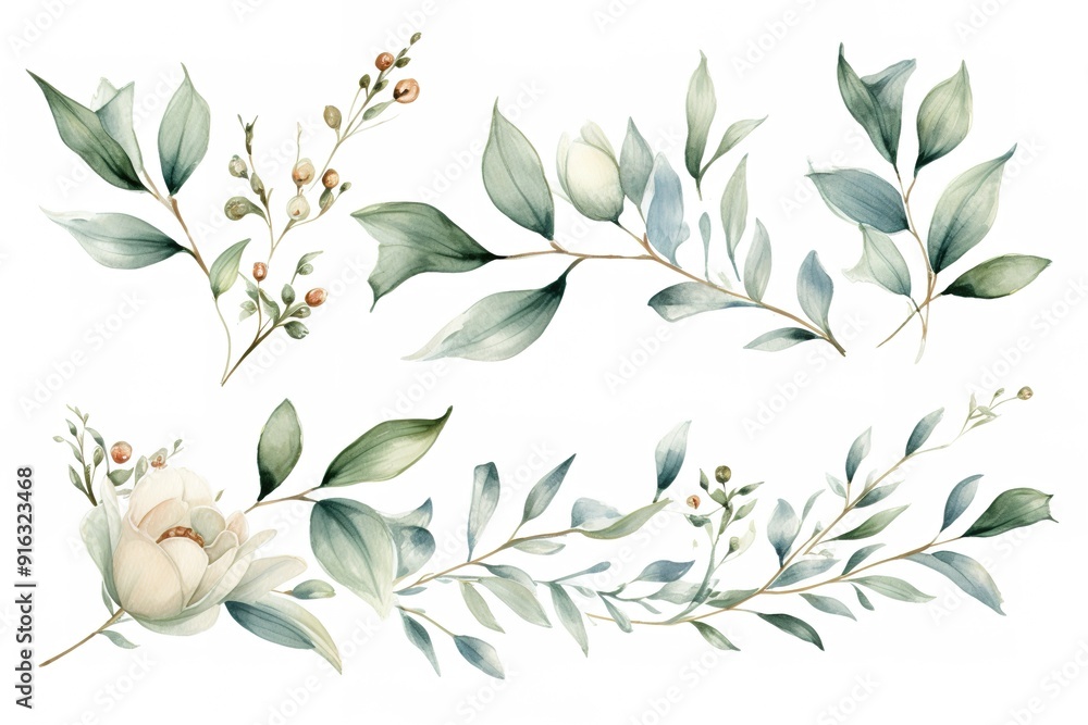 Watercolor painting of green leaves and white flower. Watercolor painting of green leaves and white flower.