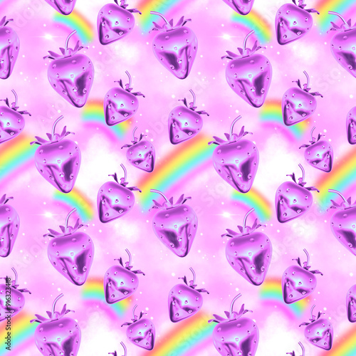 seamless pattern of y2k 3d metallic strawberry repeatable backdrop
