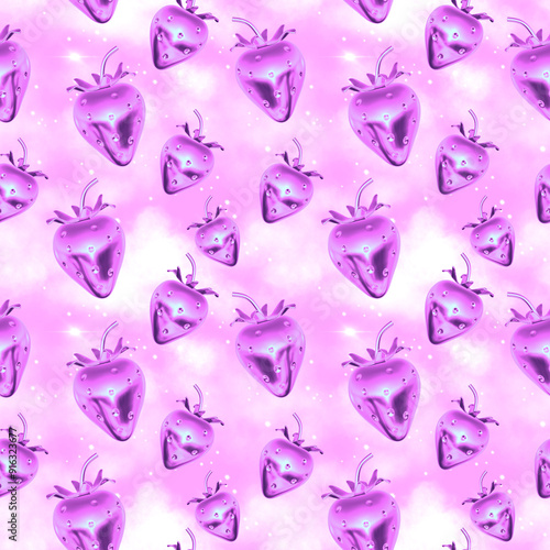 seamless pattern of y2k 3d metallic strawberry repeatable backdrop
