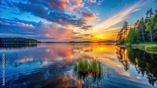 Summer night sunset view over a tranquil lake in Sotkamo, Finland, sunset, summer, night, Finland, Sotkamo, lake, reflection