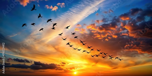 Fototapeta Naklejka Na Ścianę i Meble -  Silhouette of birds flying in arrow formation against a vibrant sunset sky, birds, flying, arrow formation, silhouette, sunset