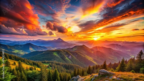 Vivid sunset over stunning mountain landscape, perfect for outdoor travel backdrop, mountain, landscape, sunset, colorful