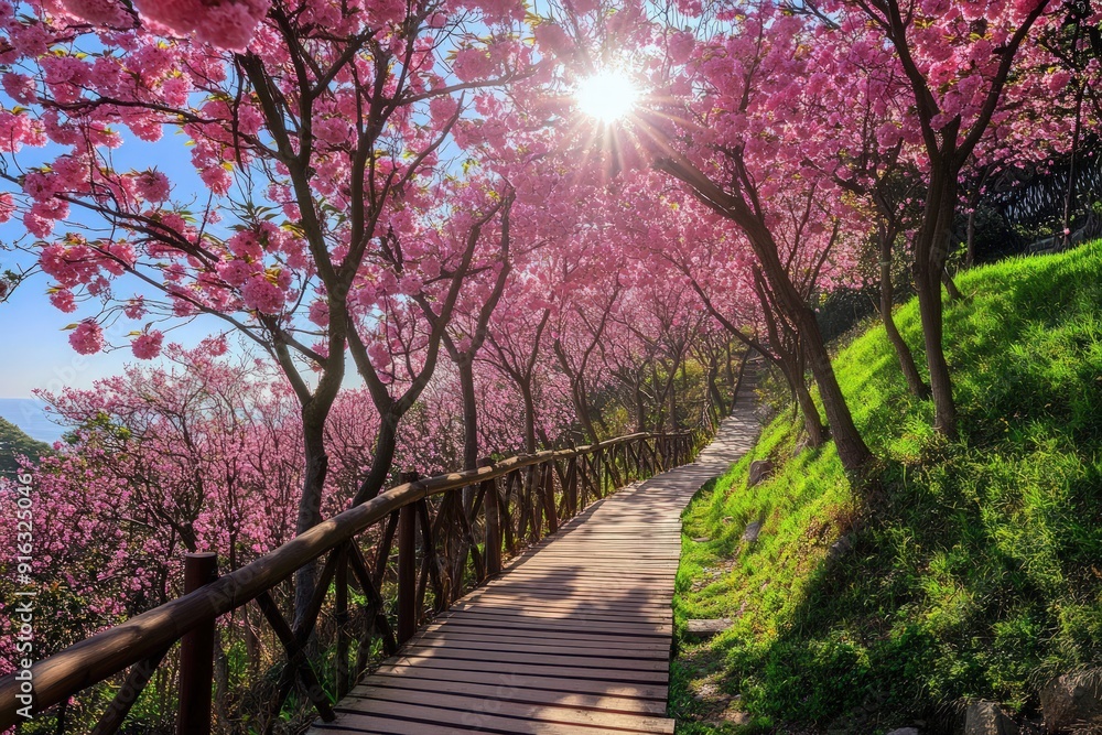 Naklejka premium Sunlit Path Through a Pink Blossom Tunnel