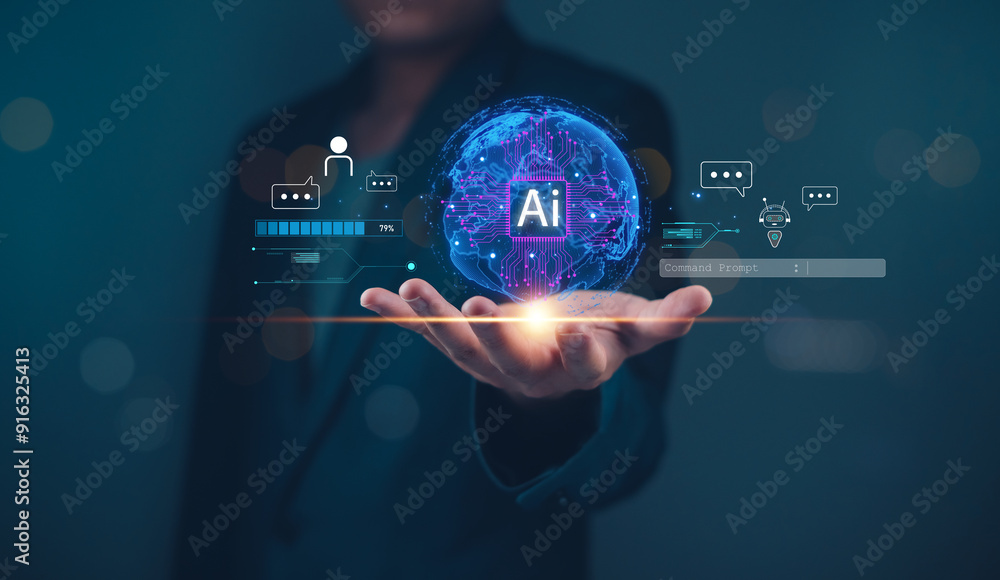 Hand holding virtual globe with AI graphics and chat icons. Digital interface concept for artificial intelligence and communication. Technology background for design and print Hand holding virtual globe with AI graphics and chat icons. Digital interface concept for artificial intelligence and communication. Technology background for design and print
