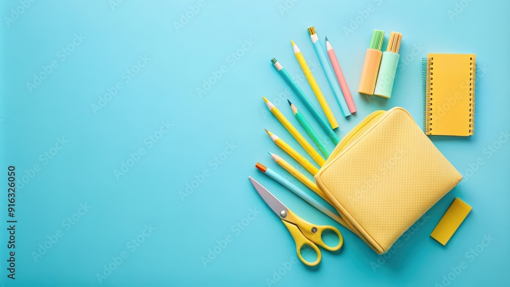 Fototapeta premium Back to school supplies flat lay on yellow pencil case with pens, pencils, notepad