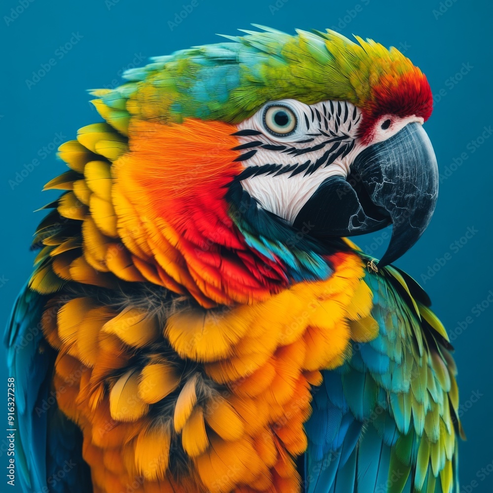 Obraz premium Vibrant Parrot with Colorful Feathers and Sharp Beak, Showcasing the Vivid Plumage and Characteristic Features of an Exotic Bird in a Striking Blue Background.