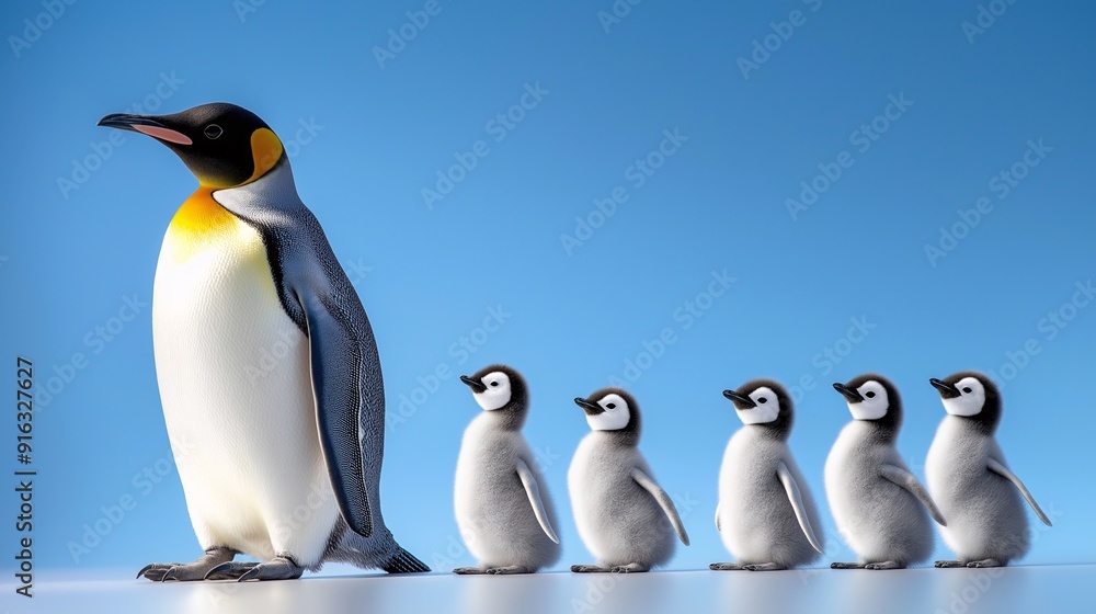 Obraz premium Mother penguin and babies blue background