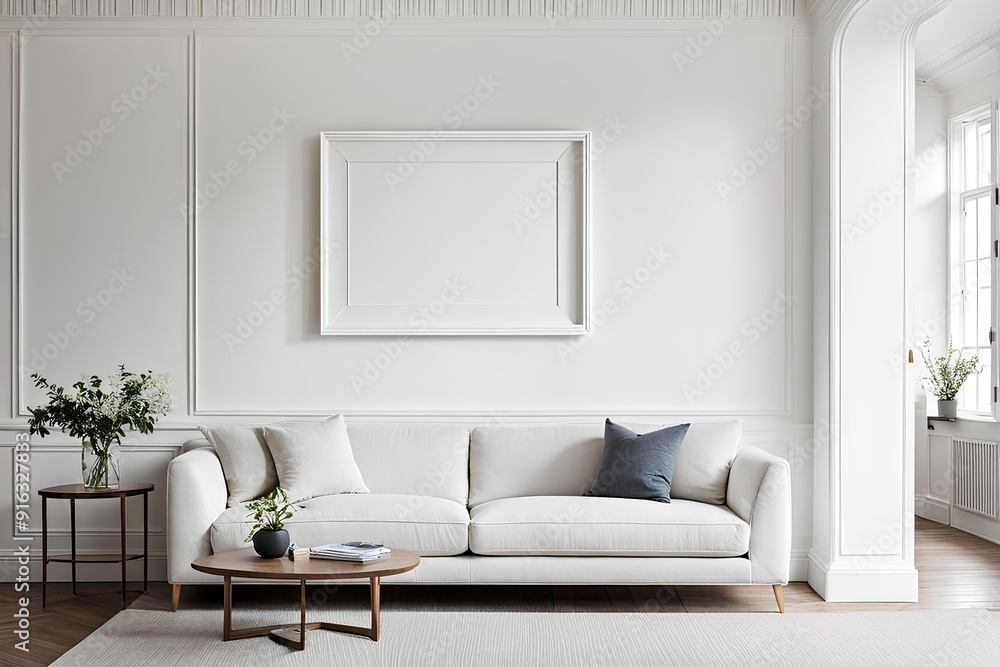 modern living room with sofa, Frame over simple white-toned furniture in front of the white wall, mock-up frame modern living room with sofa, Frame over simple white-toned furniture in front of the white wall, mock-up frame