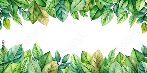 Border of green leaves painted in watercolor style, watercolor, leaves, green, border, nature, abstract, artistic, foliage
