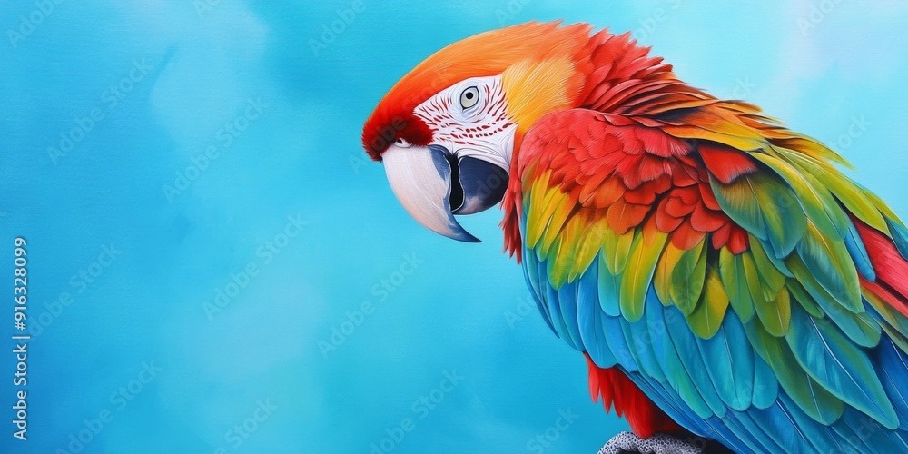 Obraz premium Vibrant Parrot with Colorful Feathers and Sharp Beak, Showcasing the Vivid Plumage and Characteristic Features of an Exotic Bird in a Striking Blue Background.