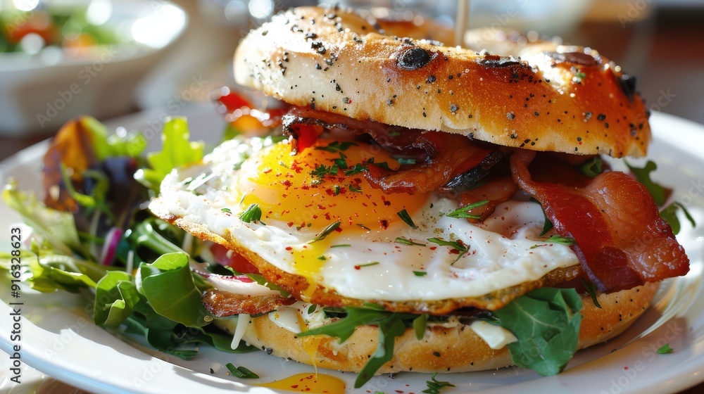 A gourmet breakfast sandwich with fried egg, bacon, and cheese, served on a toasted bagel with a side of mixed greens A gourmet breakfast sandwich with fried egg, bacon, and cheese, served on a toasted bagel with a side of mixed greens