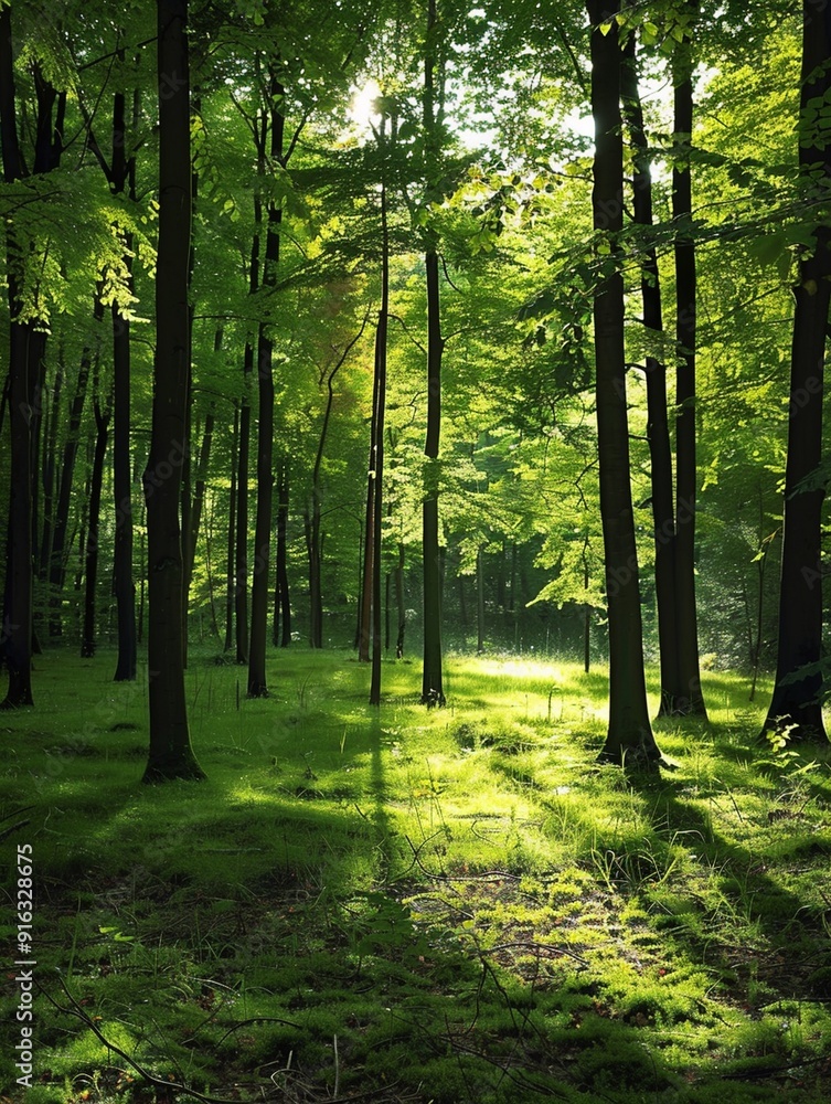 Fototapeta premium Serene Sunlit Forest with Lush Green Foliage and Tranquil Atmosphere