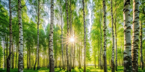 Sunlight filtering through a canopy of green leaves in a birch grove, Spring, birch trees, forest, greenery, nature, sunshine