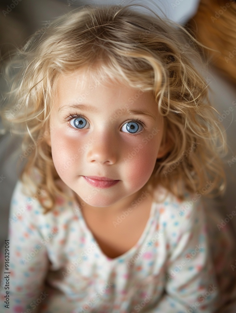 Charming Portrait of a Young Girl with Curly Hair and Bright Blue Eyes Charming Portrait of a Young Girl with Curly Hair and Bright Blue Eyes