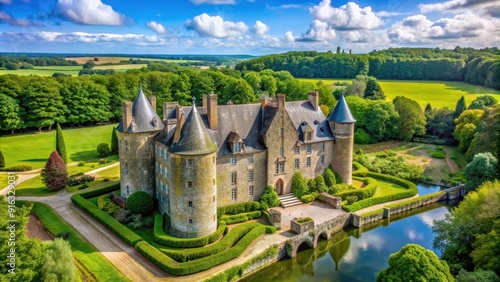 Medieval castle surrounded by lush greenery in Cotentin, Normandy , Ch?teau des Ravallets, historic, architecture