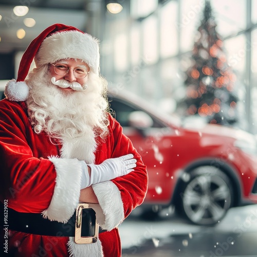 Male salesman in Santa Claus costume on blurred background. Modern car showroom ready for sale. Christmas and New Year. photo