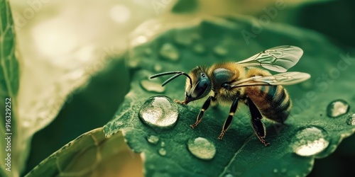 Close-Up of a Bee on Dew-Covered Leaf in Natural Habitat photo