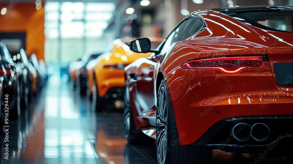 Side view of luxury cars in a showroom, a new modern car service center. Sunlight through the glass creates a bokeh effect. Side view of luxury cars in a showroom, a new modern car service center. Sunlight through the glass creates a bokeh effect.
