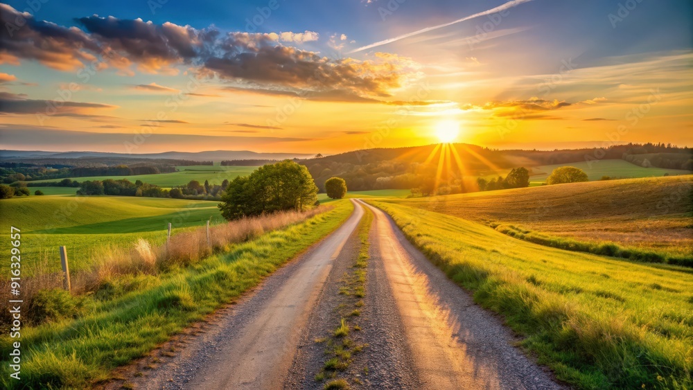 Naklejka premium Sunset view over the landscape of Sankt Wendler Land near St. Wendel with a dirt road in backlight