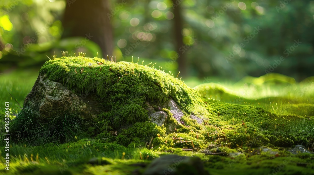 Green moss-covered stone in forest setting with wide banner and space for design and product. Natural beauty theme for website header. Green moss-covered stone in forest setting with wide banner and space for design and product. Natural beauty theme for website header.