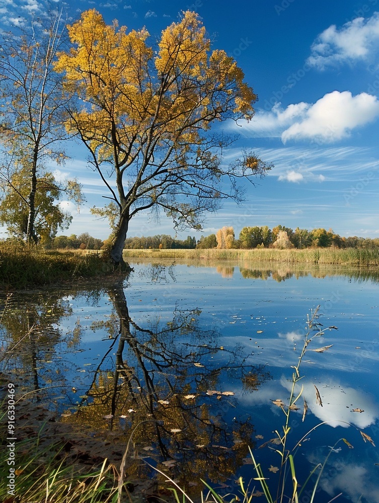 Obraz premium Autumn Serenity: Tranquil Lake Reflection with Golden Trees and Blue Sky