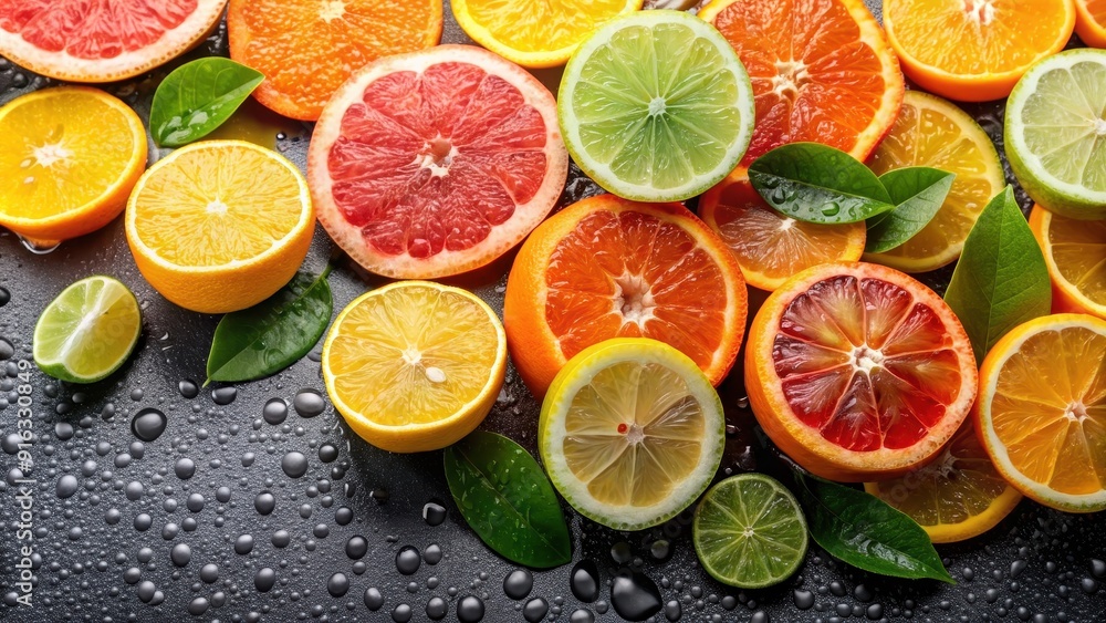 Assorted citrus fruits with water droplets , fresh, orange, lemon, lime, grapefruit, juicy, vibrant, tropical, healthy Assorted citrus fruits with water droplets , fresh, orange, lemon, lime, grapefruit, juicy, vibrant, tropical, healthy