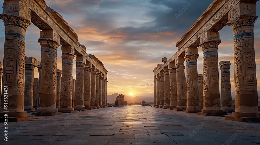Obraz premium A deserted ancient temple with intricate carvings and symbols, bathed in the warm glow of the setting sun