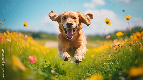 Golden Retriever Running Through a Field of Flowers. photo