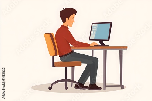 Man with back pain sitting working on a chair 