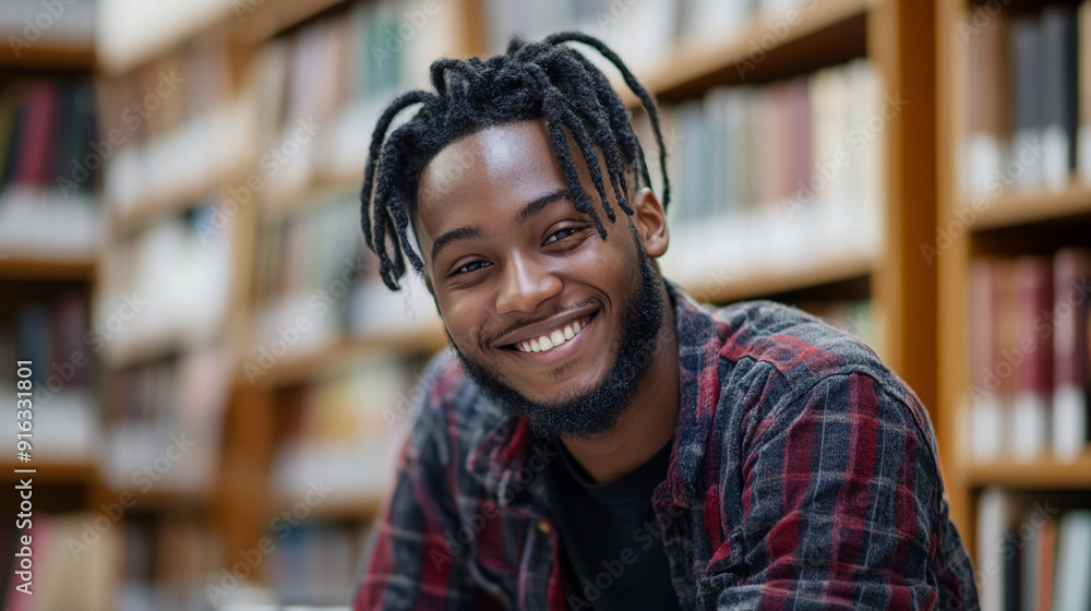 Happy Black Student Smiling in Library Looking at Camera Happy Black Student Smiling in Library Looking at Camera