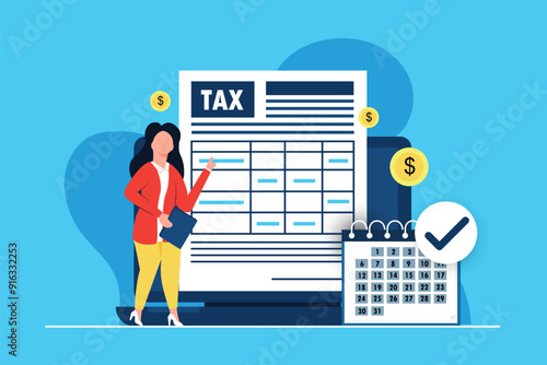 Young female character filing a tax return, Declaring an income, Tax payment concept
