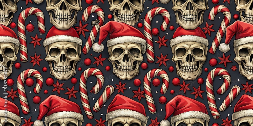 Scary Christmas seamless pattern featuring human skulls in red Santa hats with candy canes, horror, watercolor, creepy, festive Scary Christmas seamless pattern featuring human skulls in red Santa hats with candy canes, horror, watercolor, creepy, festive