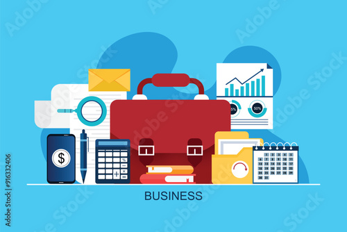 Business Suitcase and office stationery elements  Vector Illustration