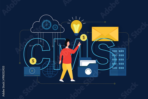 CMS, content management system. Concept with keywords, letters and icons.