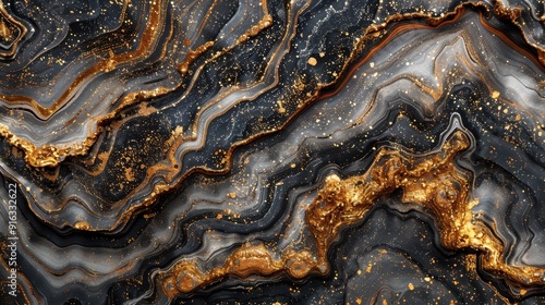 Swirling patterns of black, gray, and gold create an abstract artwork with a luxurious appearance and intricate textures