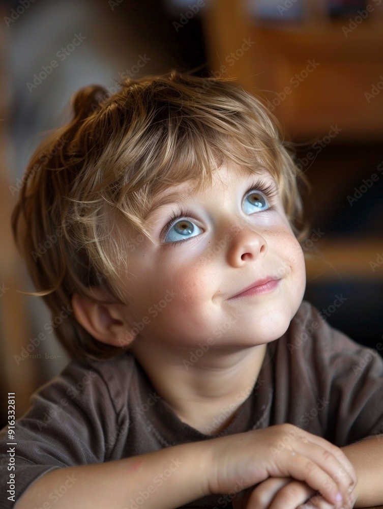 Curious Child with Bright Blue Eyes Looking Upward - Innocence and Wonder Curious Child with Bright Blue Eyes Looking Upward - Innocence and Wonder
