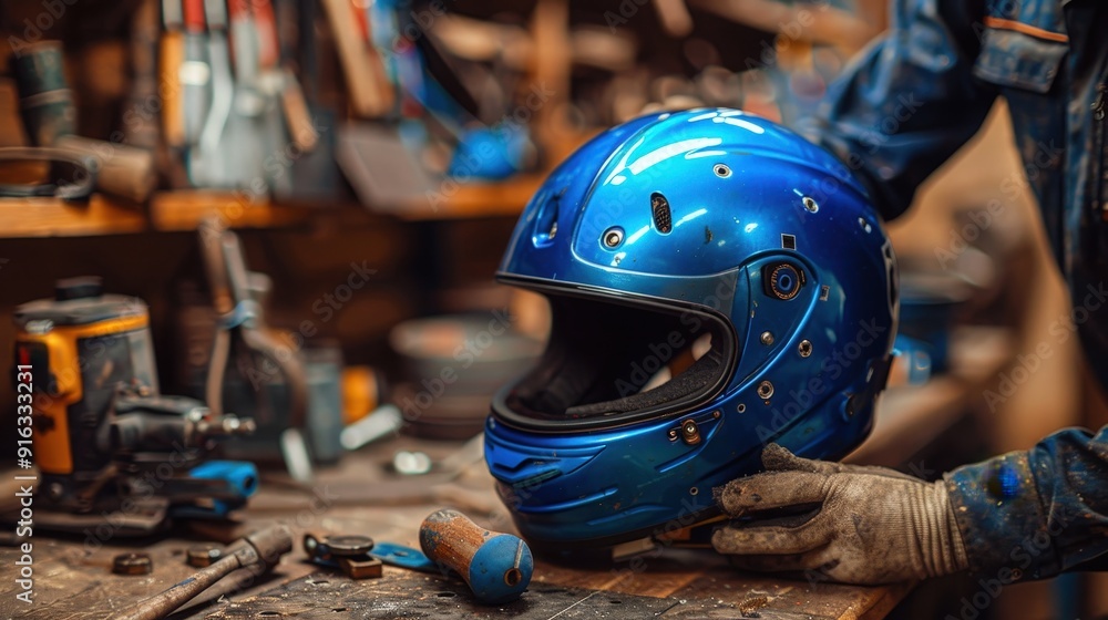 Blue Motorcycle Helmet In Workshop. Blue Motorcycle Helmet In Workshop.