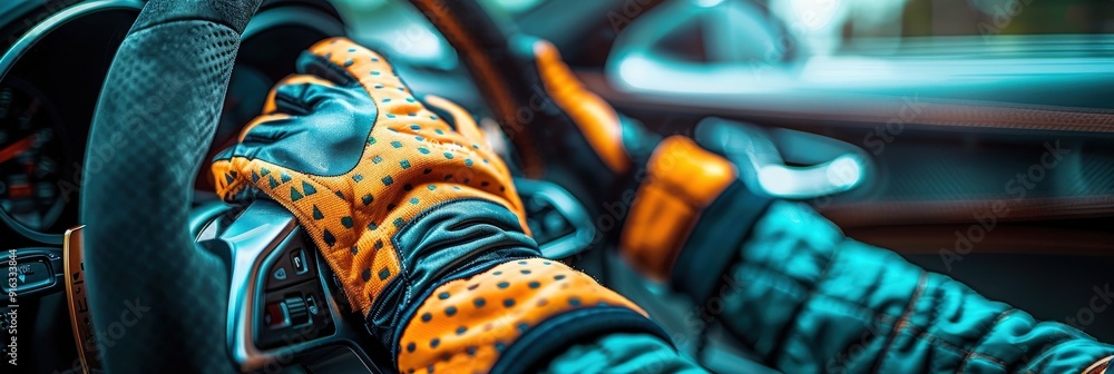 Fototapeta premium Close-up of a driver's hand on a steering wheel.